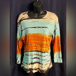 Tryst Tie Dye Stripe Top Turquoise Beige Orange Long sleeve - like new (RN76255)